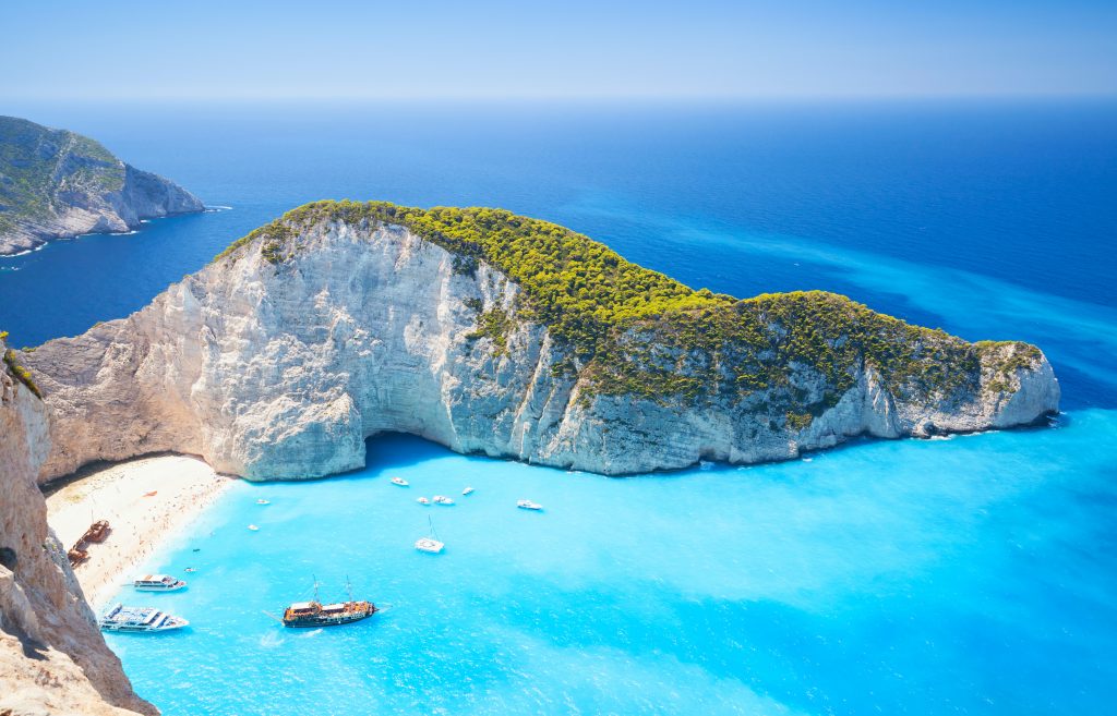 Navagio bay and Ship Wreck beach in Greece. The most famous natural landmark of Zakynthos, Greek island in the Ionian Sea